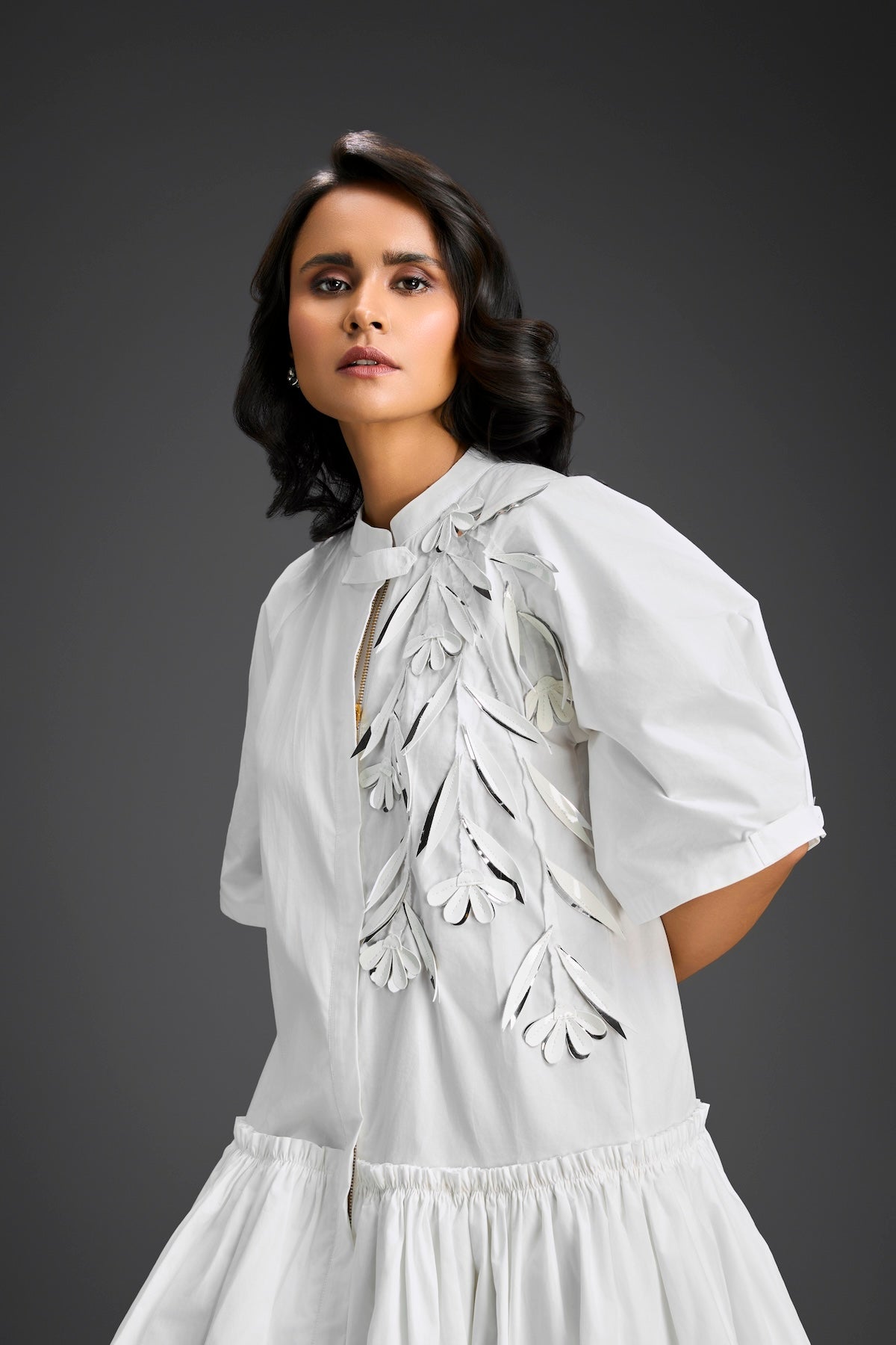 White 3D Floral Embellished Puff Sleeve Dress