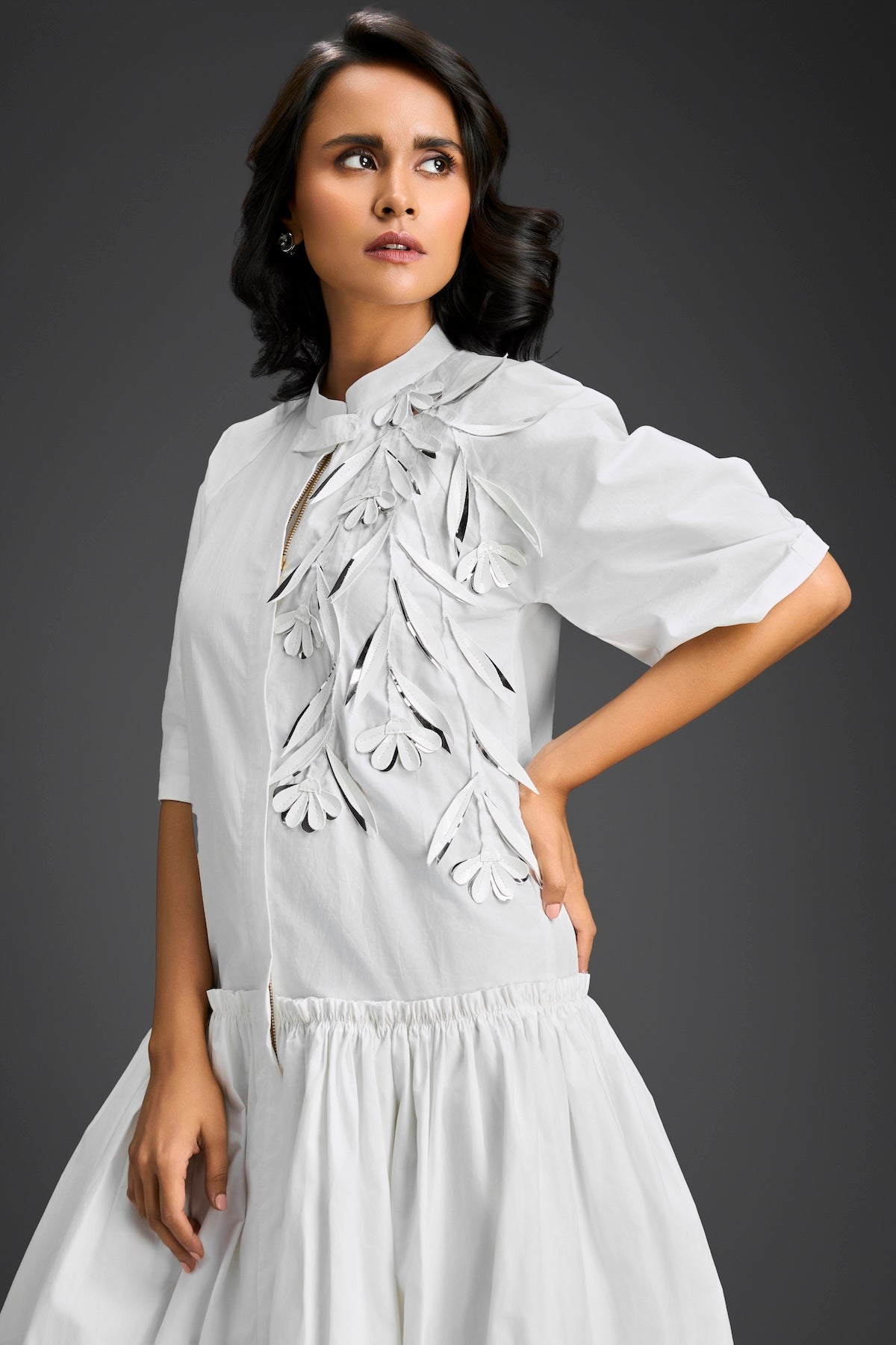 White 3D Floral Embellished Puff Sleeve Dress