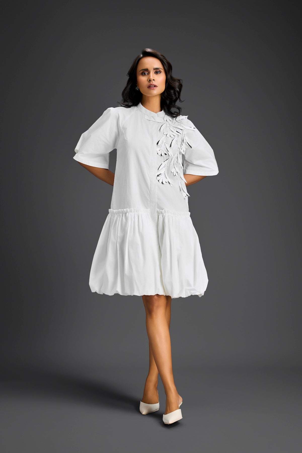 White 3D Floral Embellished Puff Sleeve Dress