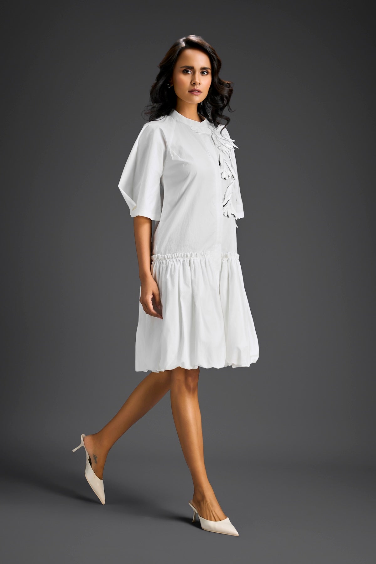 White 3D Floral Embellished Puff Sleeve Dress