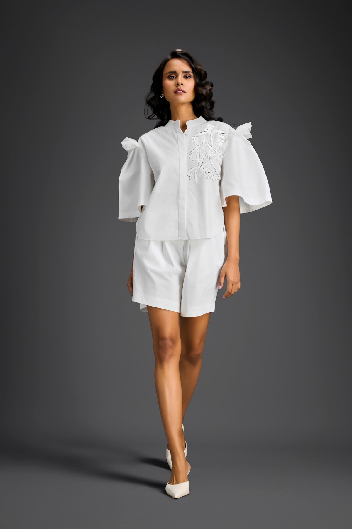 White 3D Floral & Glossy Leaf Embellished Co-ord Set