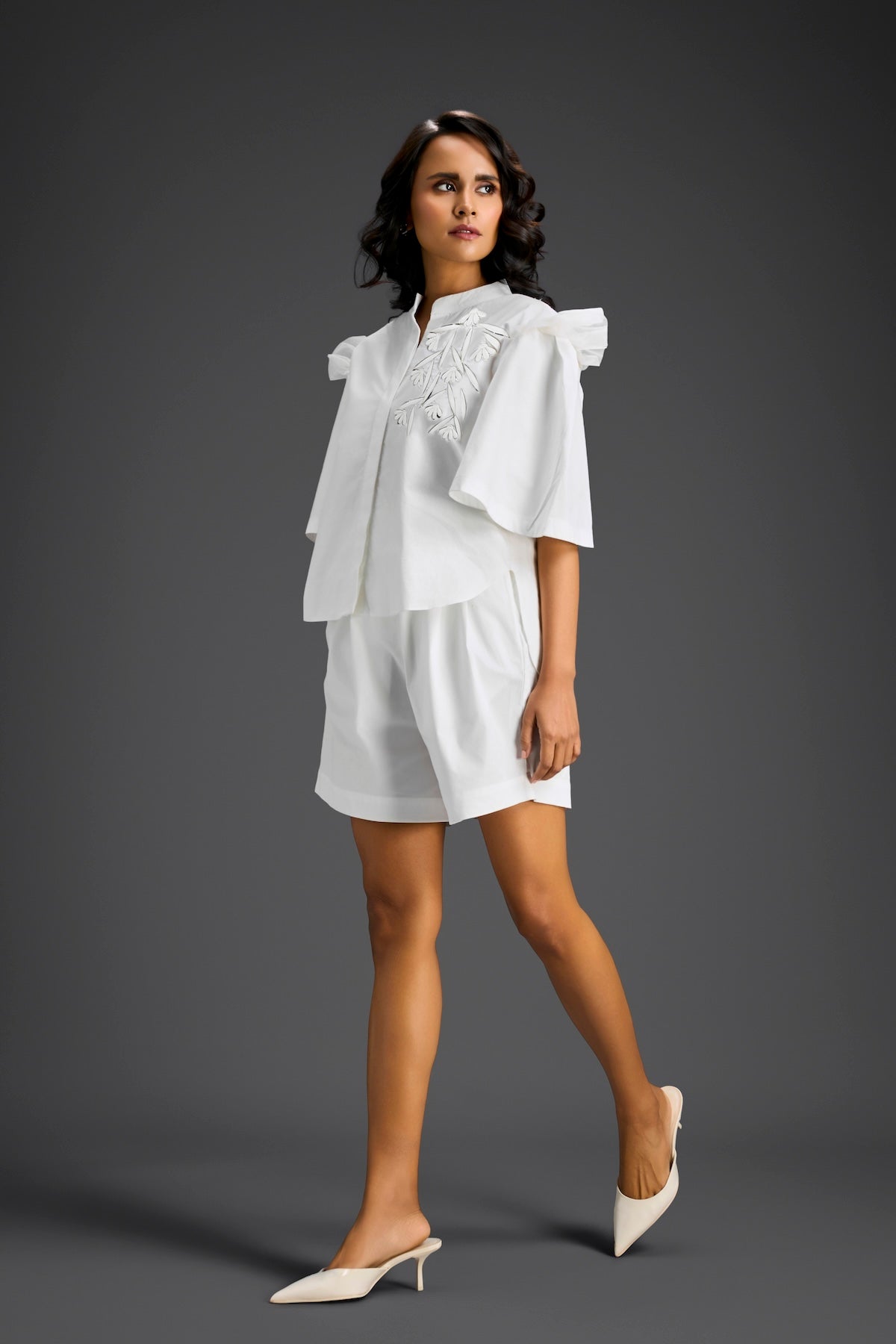 White 3D Floral & Glossy Leaf Embellished Co-ord Set