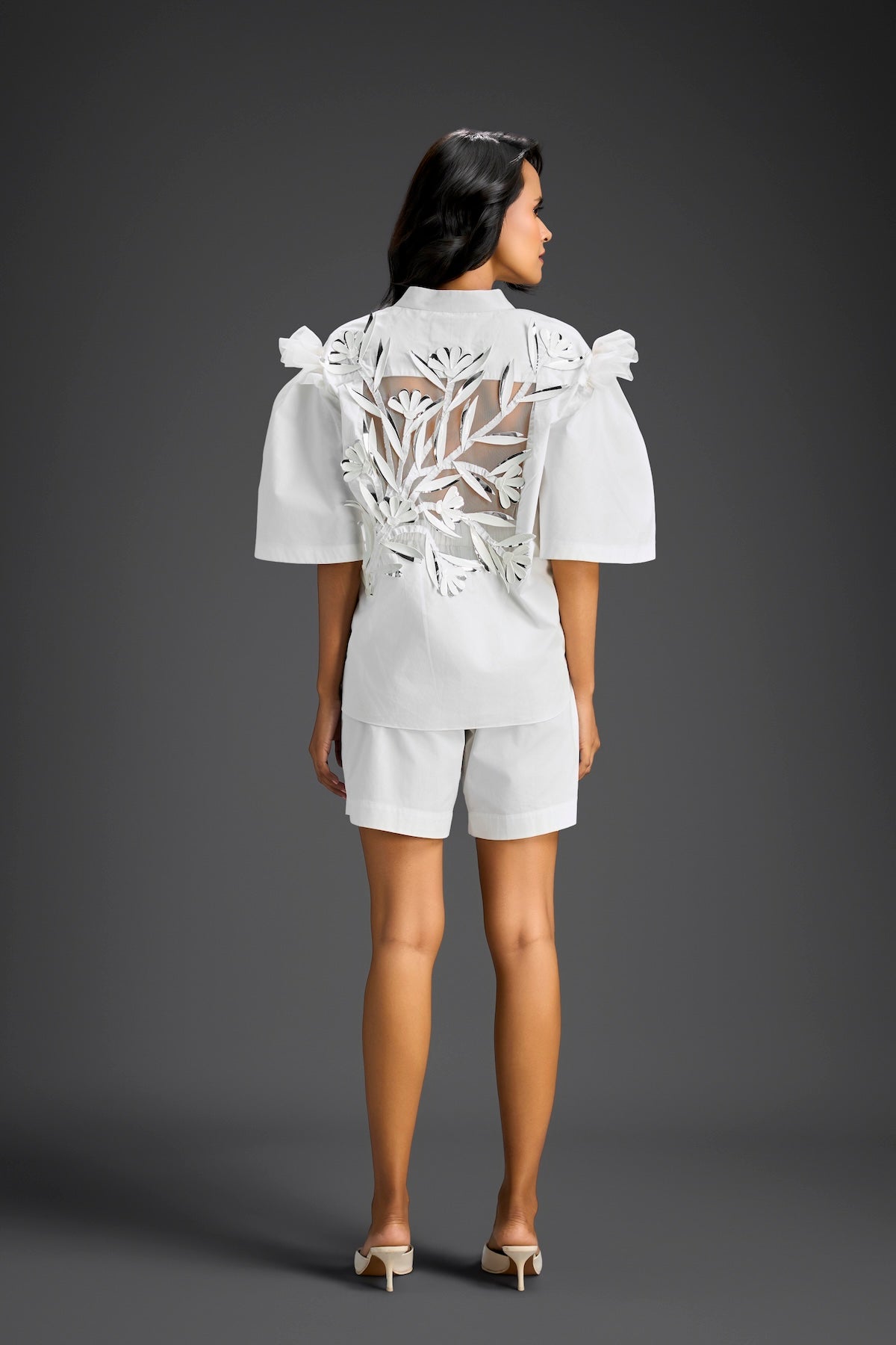 White 3D Floral & Glossy Leaf Embellished Co-ord Set