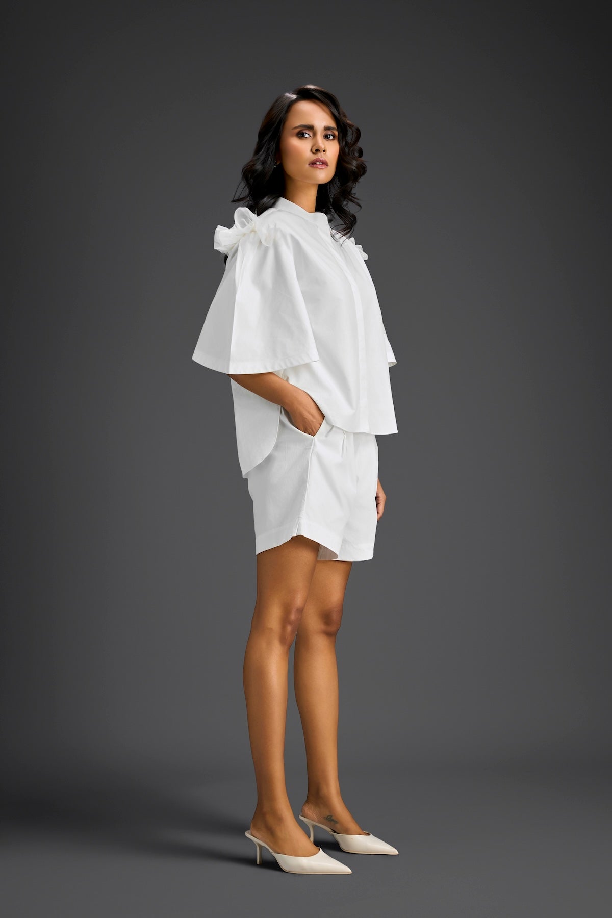 White 3D Floral & Glossy Leaf Embellished Co-ord Set