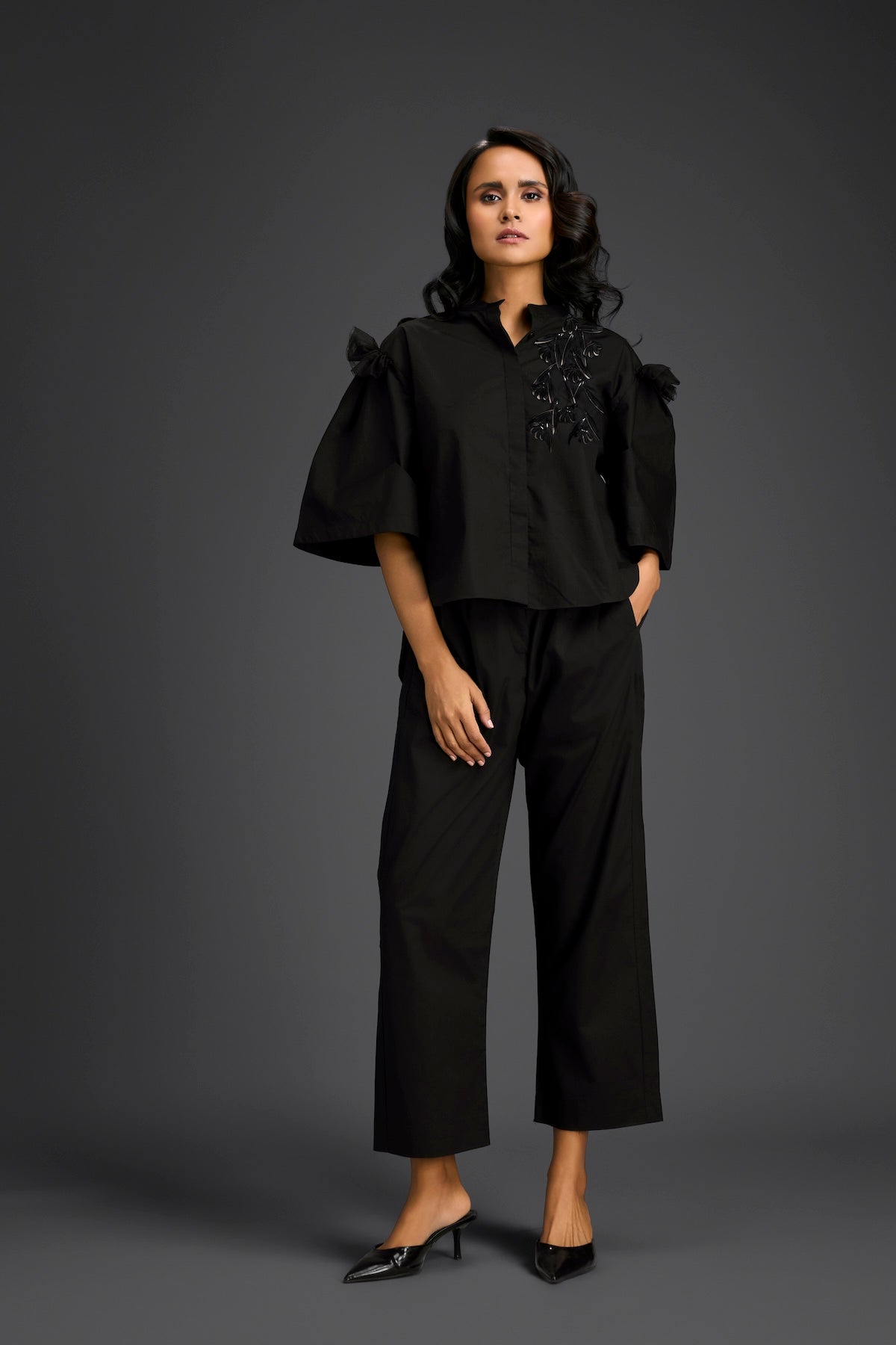 Black Embellished Sheer Back Shirt & Pants Set