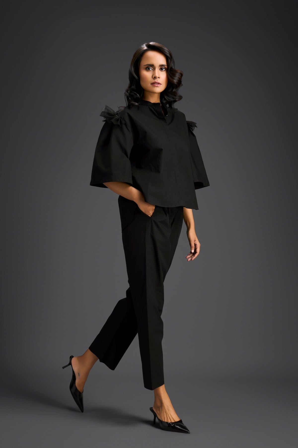 Black Embellished Sheer Back Shirt & Pants Set