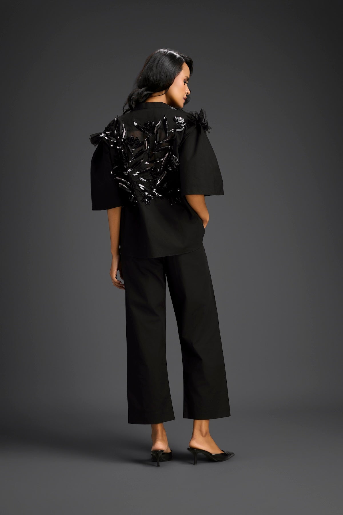 Black Embellished Sheer Back Shirt & Pants Set