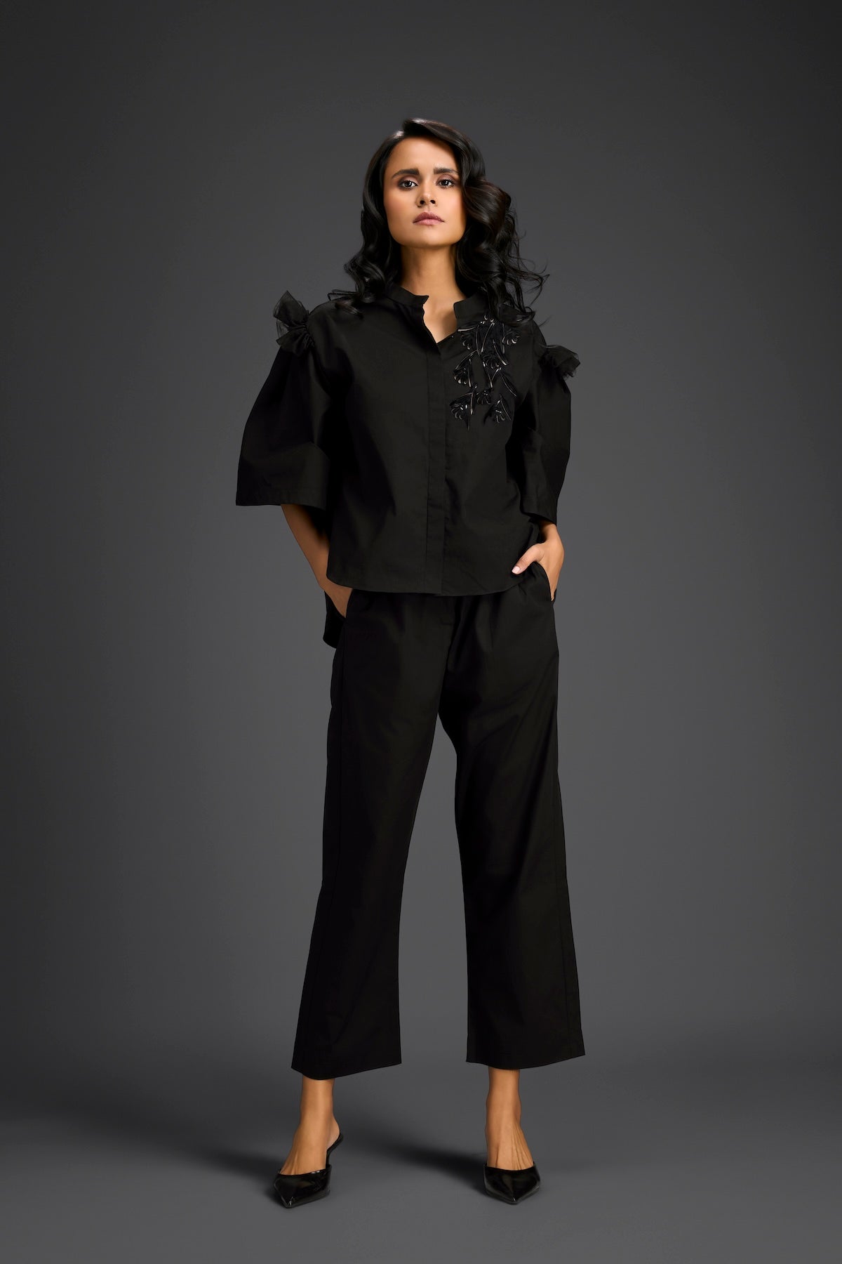 Black Embellished Sheer Back Shirt & Pants Set