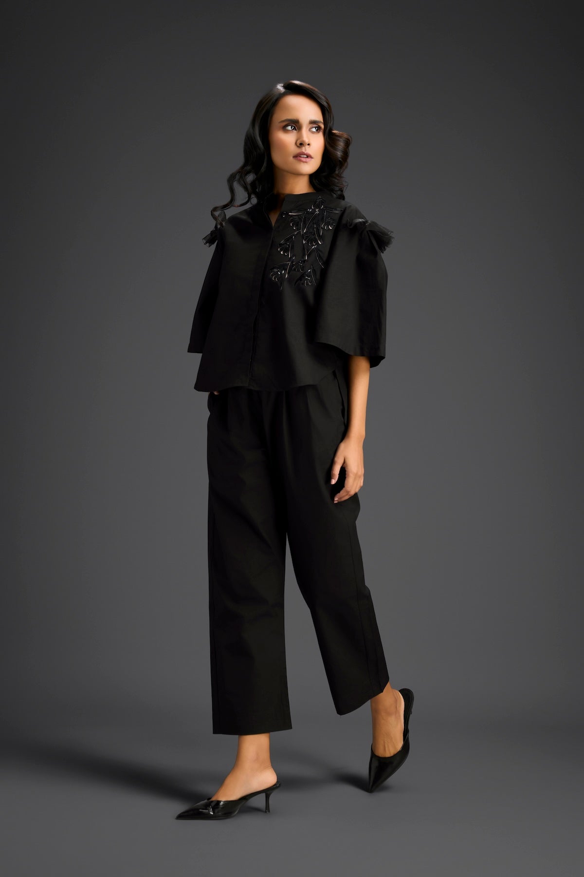 Black Embellished Sheer Back Shirt & Pants Set