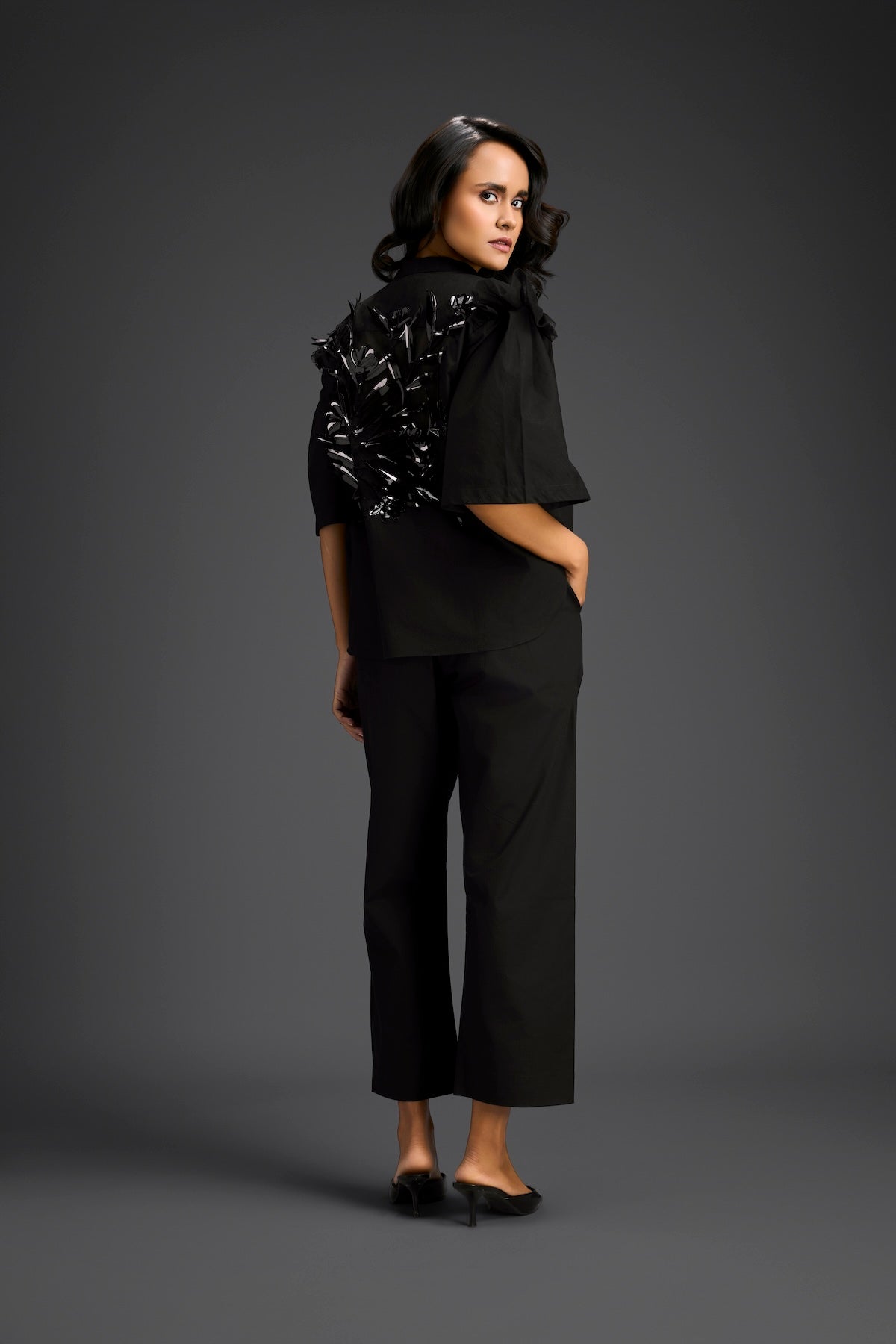 Black Embellished Sheer Back Shirt & Pants Set