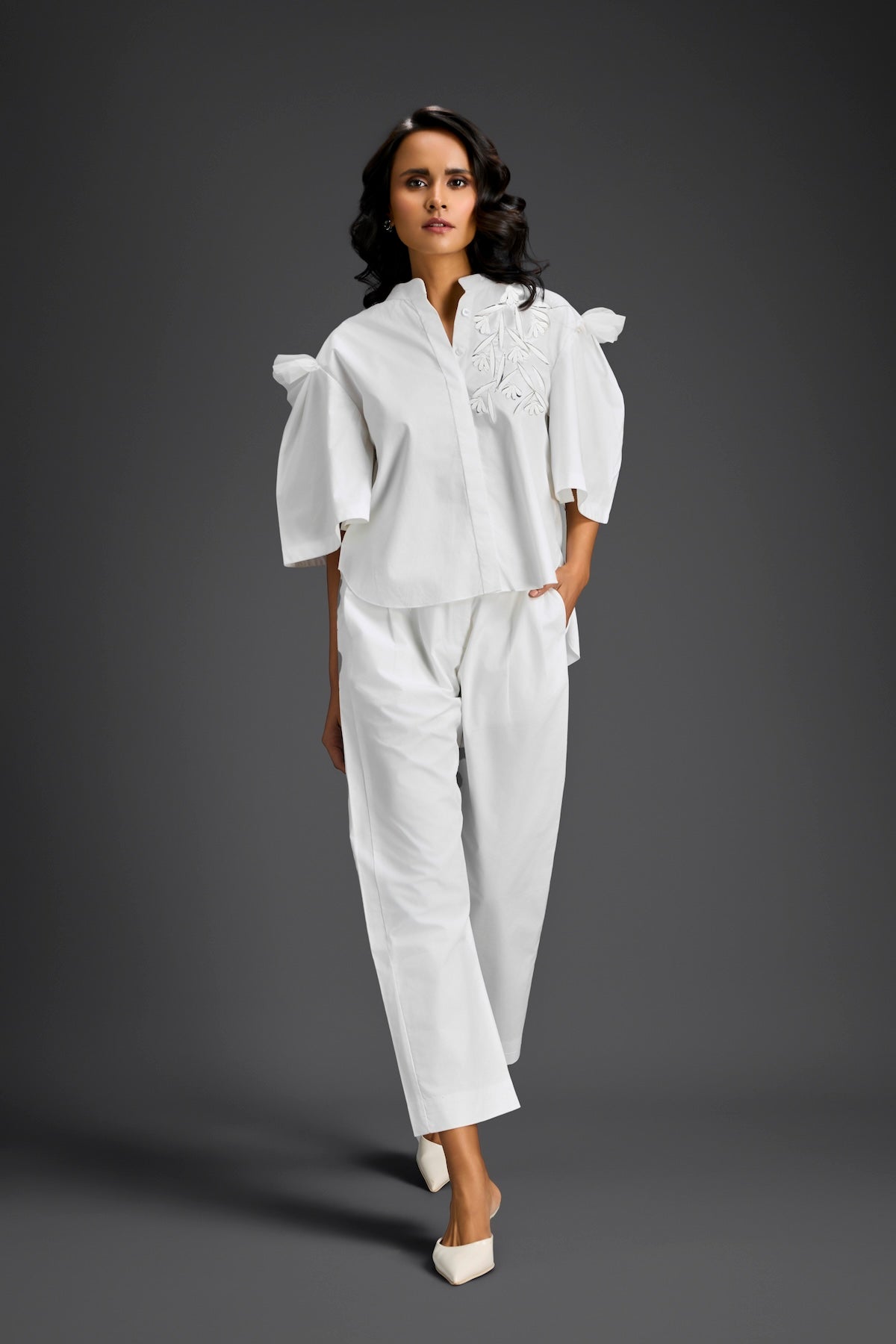 White Embellished Sheer Back Shirt & Pants Set