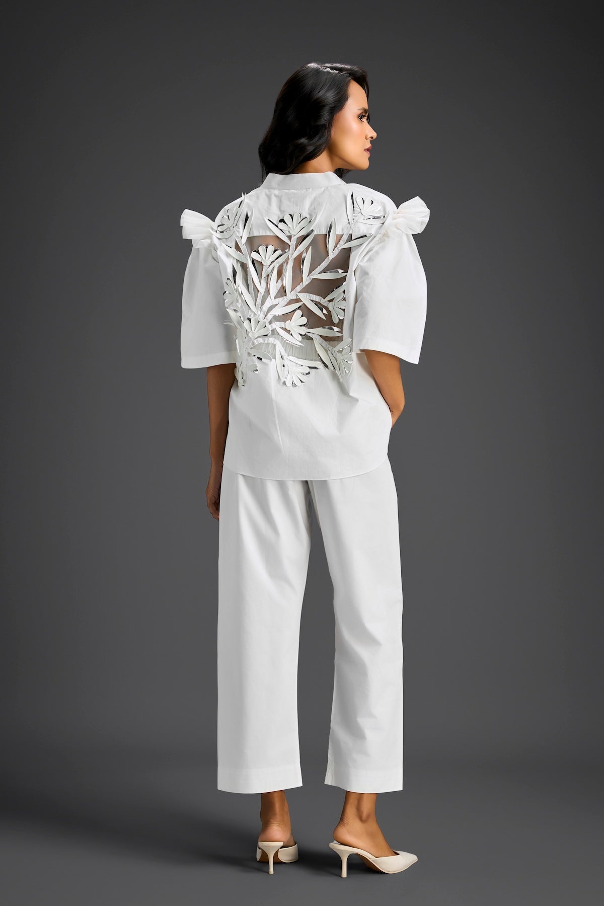 White Embellished Sheer Back Shirt & Pants Set