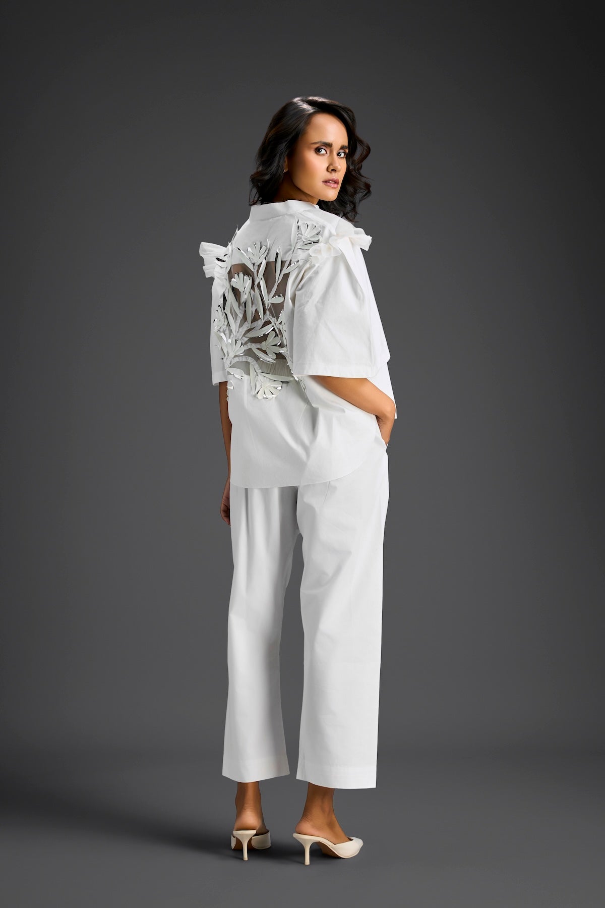 White Embellished Sheer Back Shirt & Pants Set