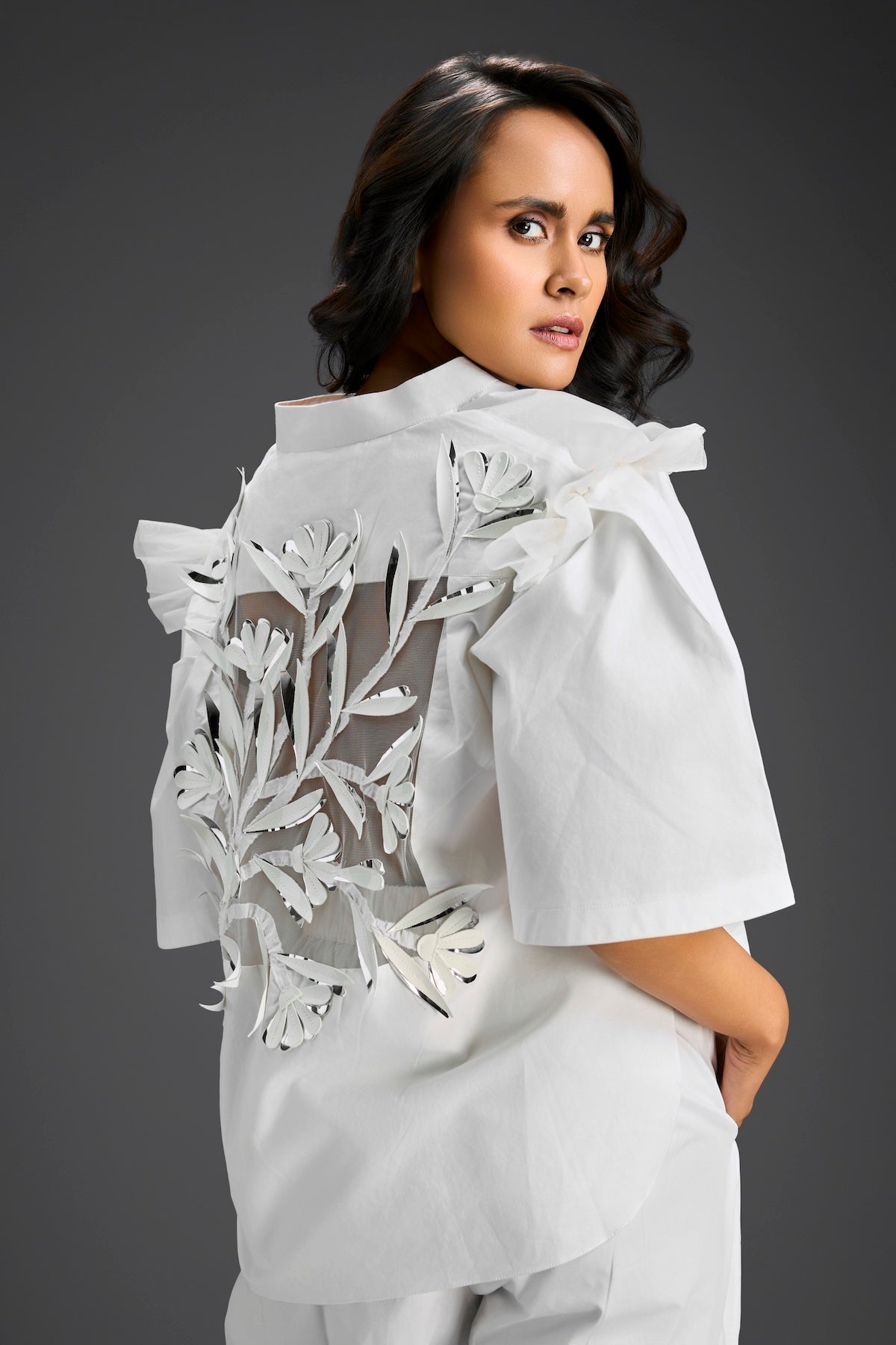 White Embellished Sheer Back Shirt & Pants Set