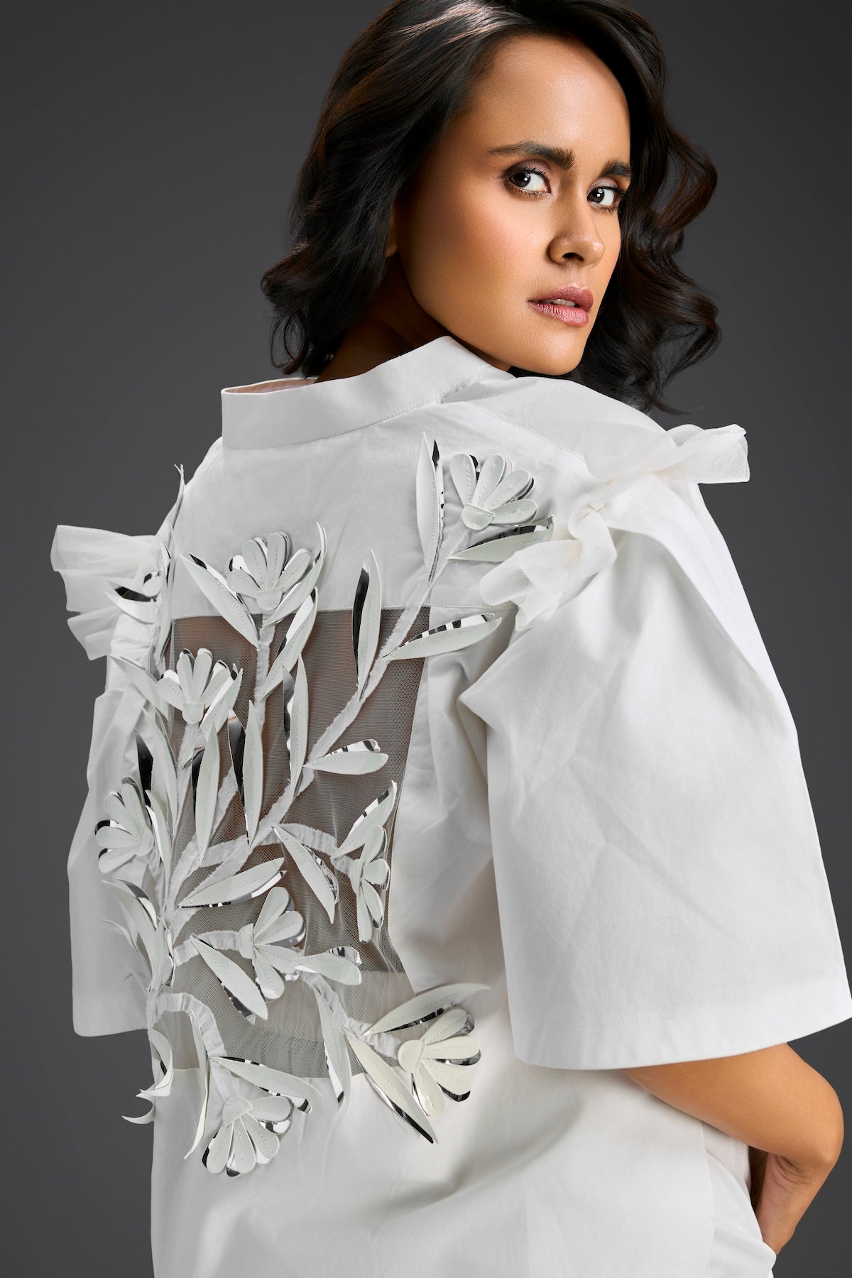 White Embellished Sheer Back Shirt & Pants Set