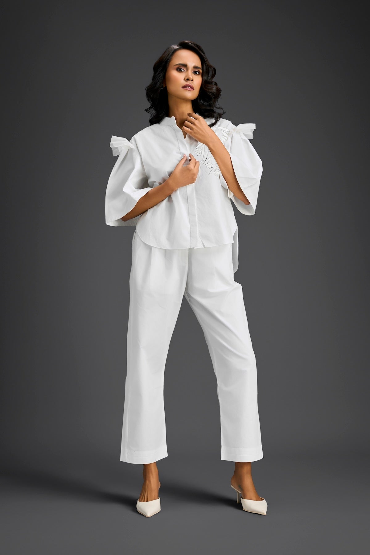 White Embellished Sheer Back Shirt & Pants Set