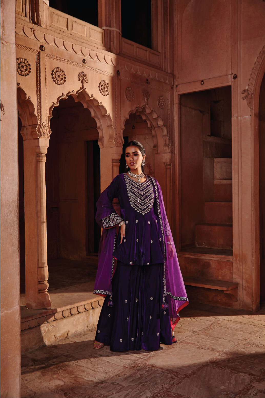 Nabila Purple Velvet Dori Embroidered Kurta Garara Set