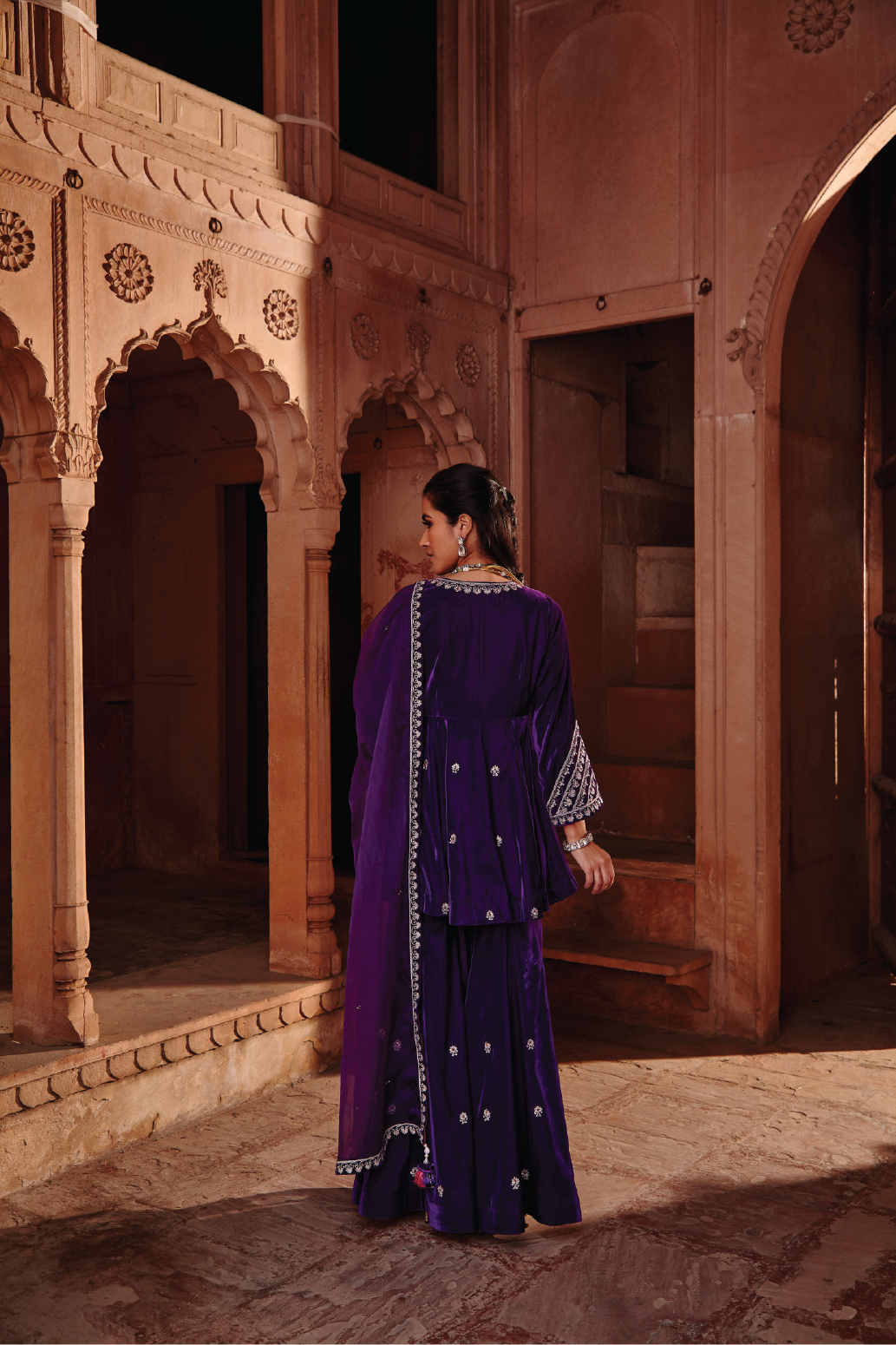 Nabila Purple Velvet Dori Embroidered Kurta Garara Set