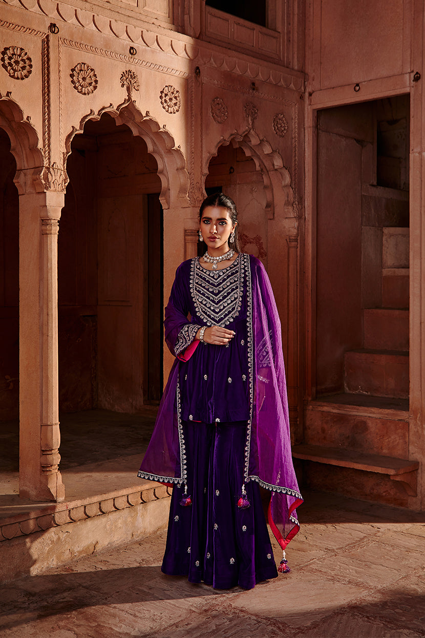 Nabila Purple Velvet Dori Embroidered Kurta Garara Set