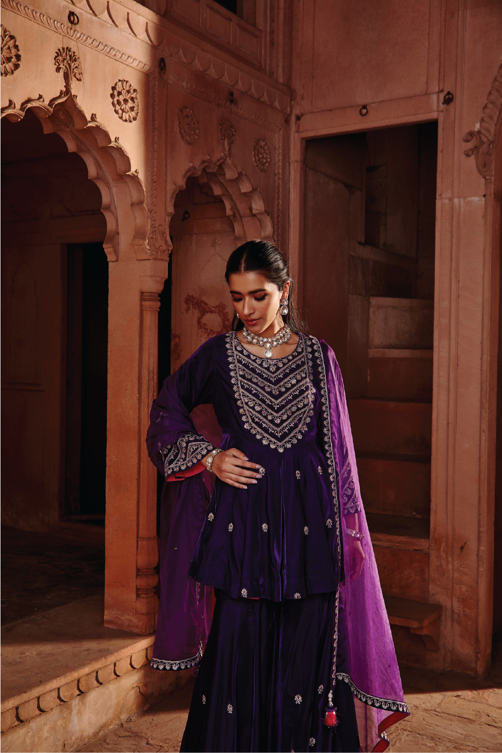 Nabila Purple Velvet Dori Embroidered Kurta Garara Set