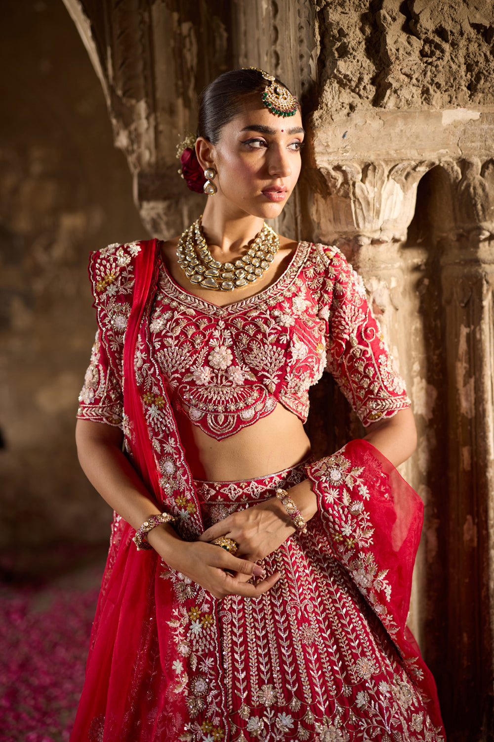 "Naira" Red Raw Silk Hand Embroidered Lehenga Set