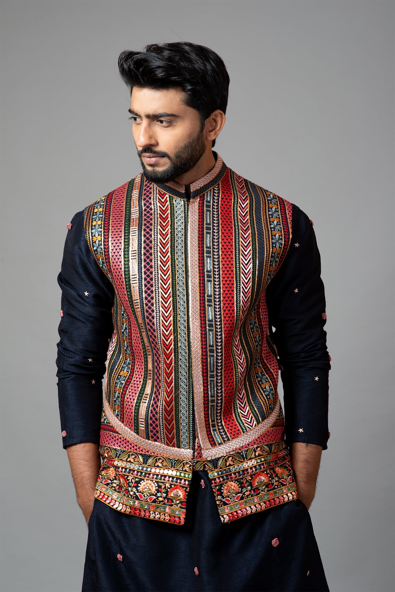 Multicolour Fully Embroidered Chikankari Nehru Jacket