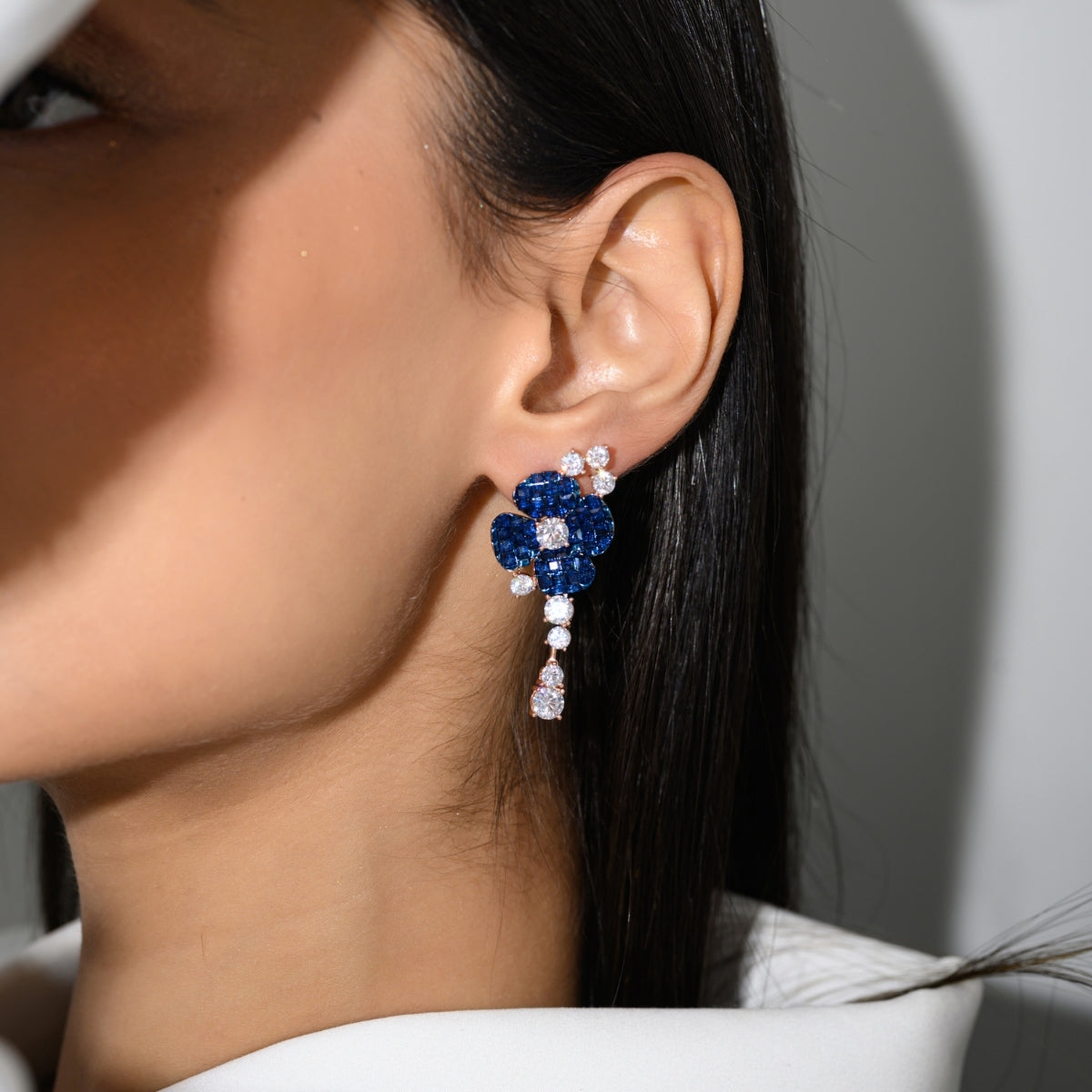 925 Silver Flower Dangle Earrings - Stunning Blue and Pink CZ Diamonds