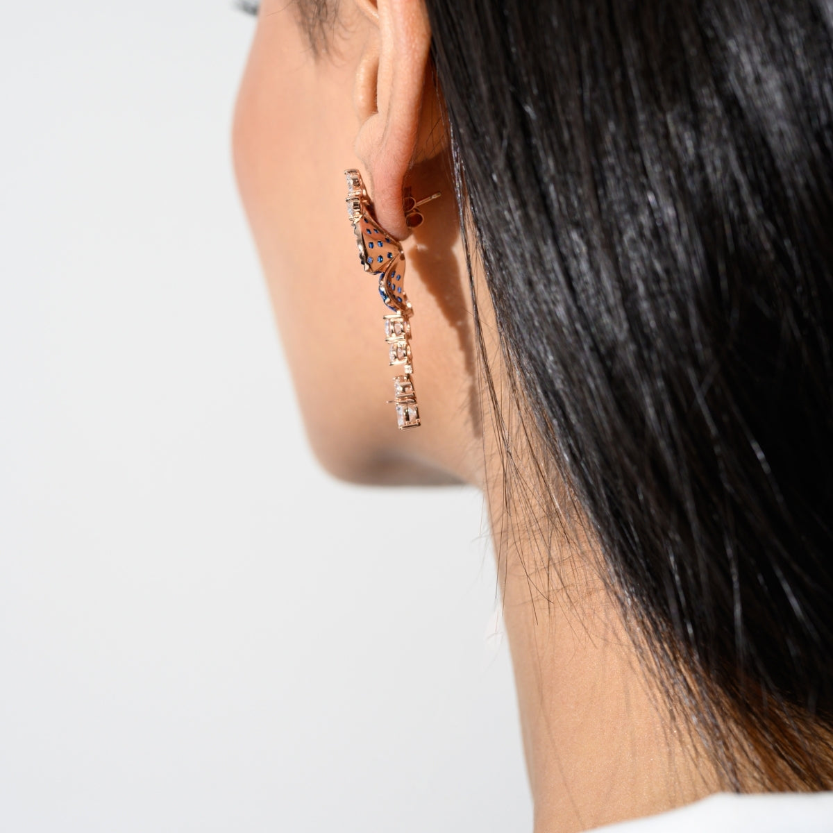 Rose Gold Blue Diamond Flower Drop Earrings