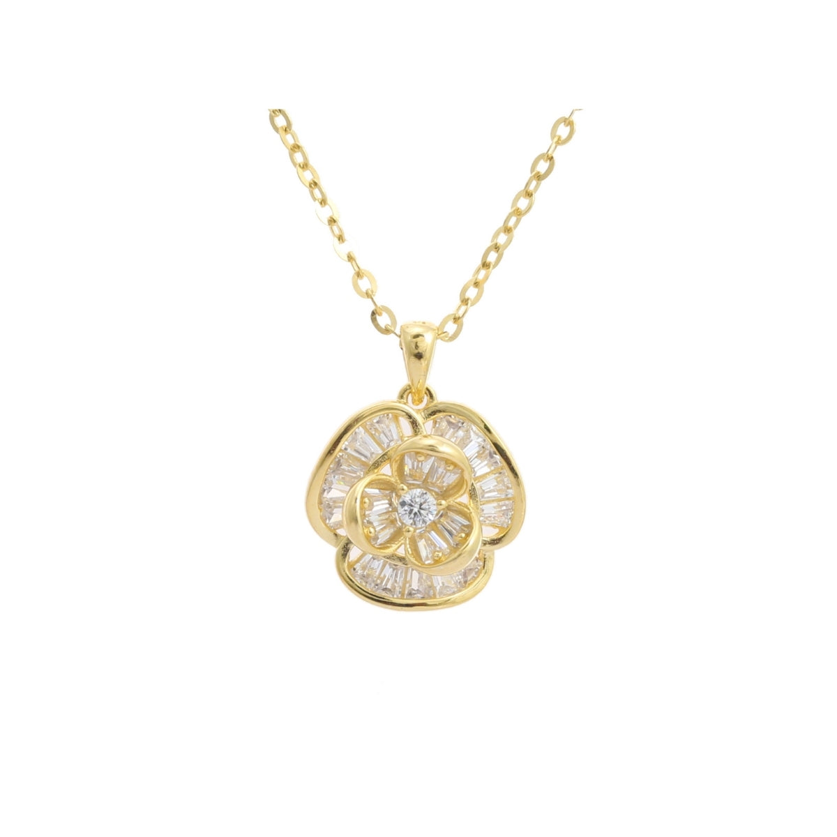 925 Silver CZ Diamond Flower Pendant Set with Earrings - White and Yellow Gold Finish