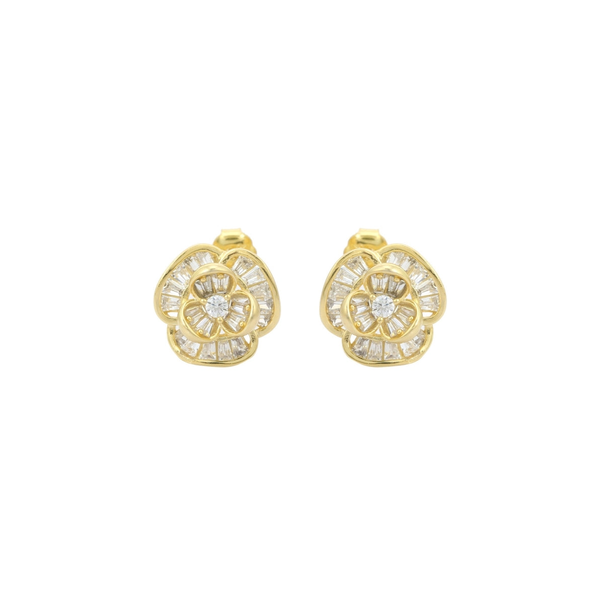 925 Silver CZ Diamond Flower Pendant Set with Earrings - White and Yellow Gold Finish