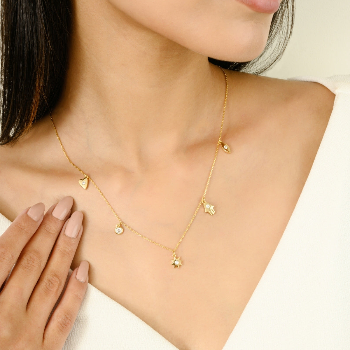 Yellow Gold Hamsa Charm Necklace - Protection and Good Luck Jewelry
