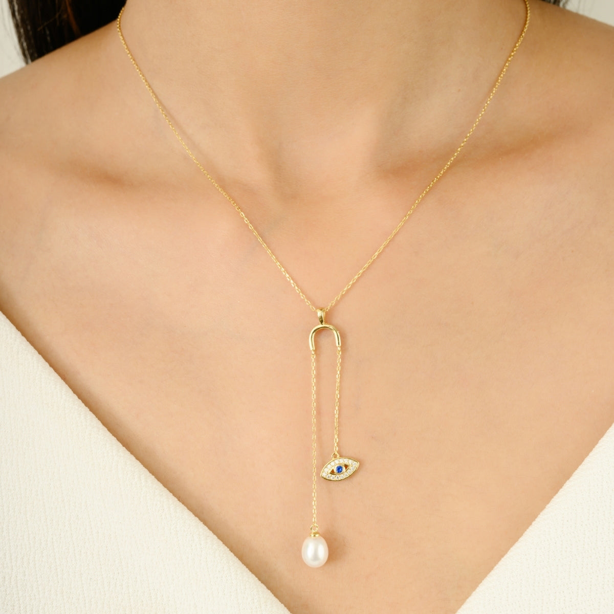 Yellow Gold Evil Eye Pendant Necklace - Pearl Drop Charm for Spiritual Protection