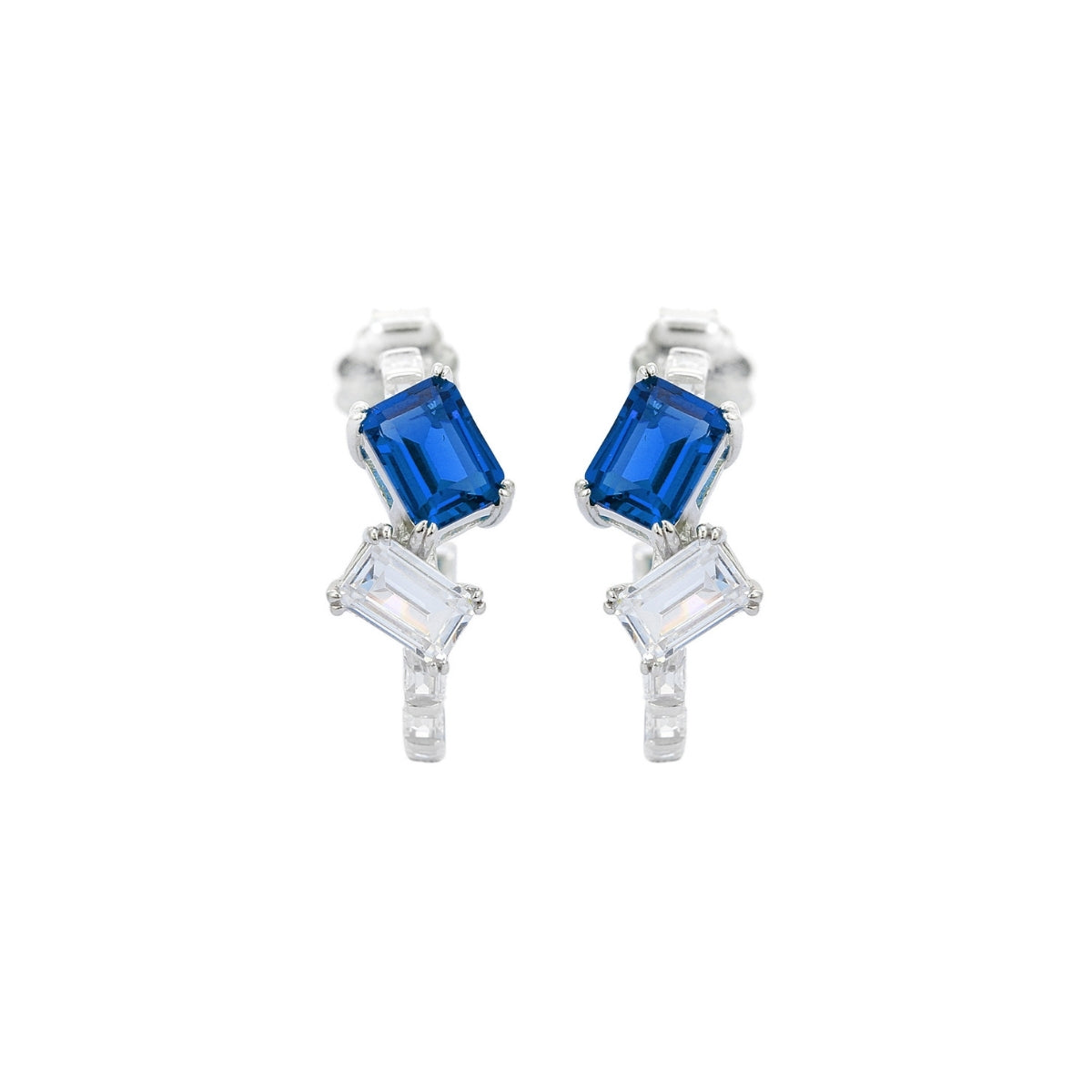 Emerald Cut Blue and Green CZ Diamond Silver C Hoop Earrings