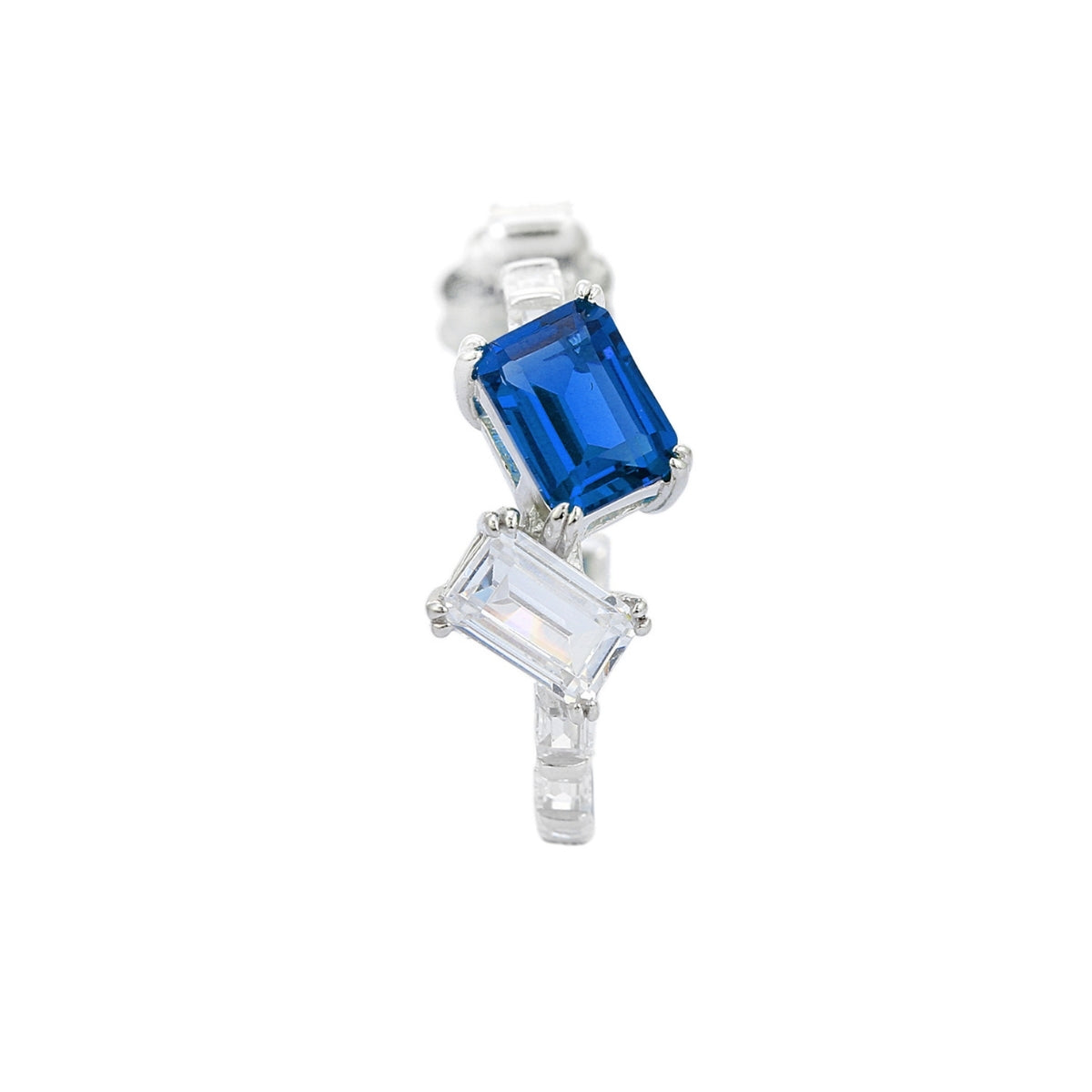 Emerald Cut Blue and Green CZ Diamond Silver C Hoop Earrings
