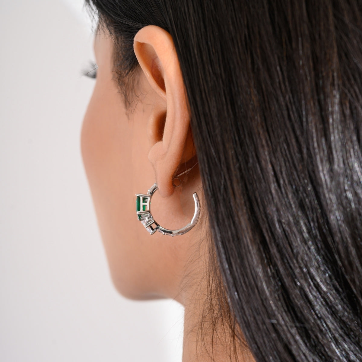 Emerald Cut Blue and Green CZ Diamond Silver C Hoop Earrings