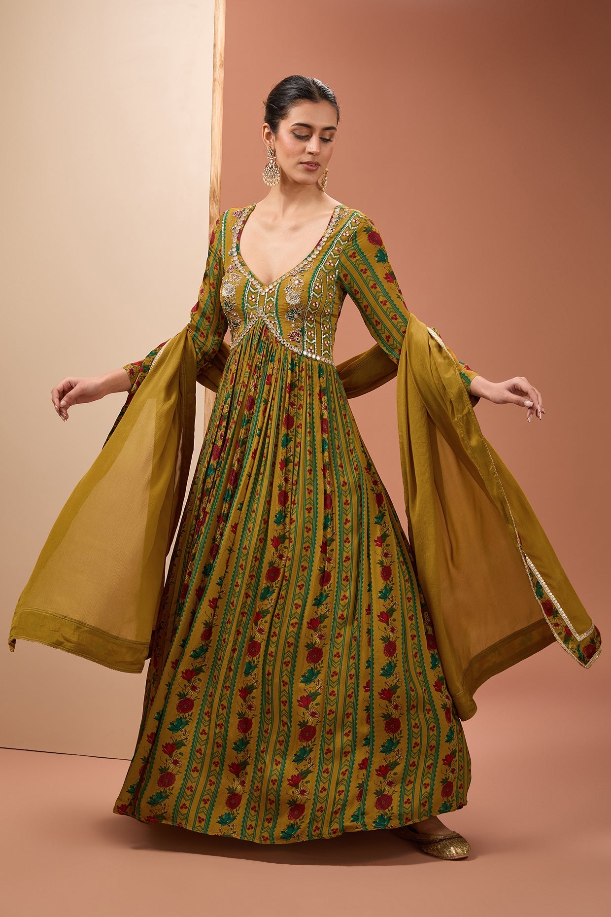 Yellow Viscose Chinon Digital Print Backless Anarkali With Dupatta For Women