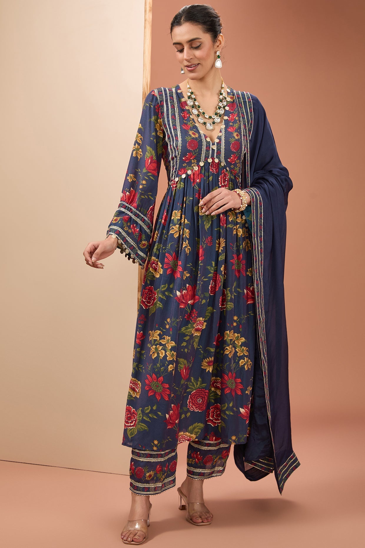 Blue Viscose Chanderi Digital Print Floral Pleated Anarkali Pant Set For Women