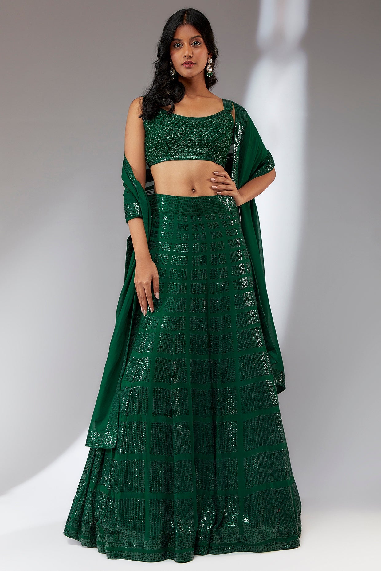 Green hand embroidered sequin lehenga set