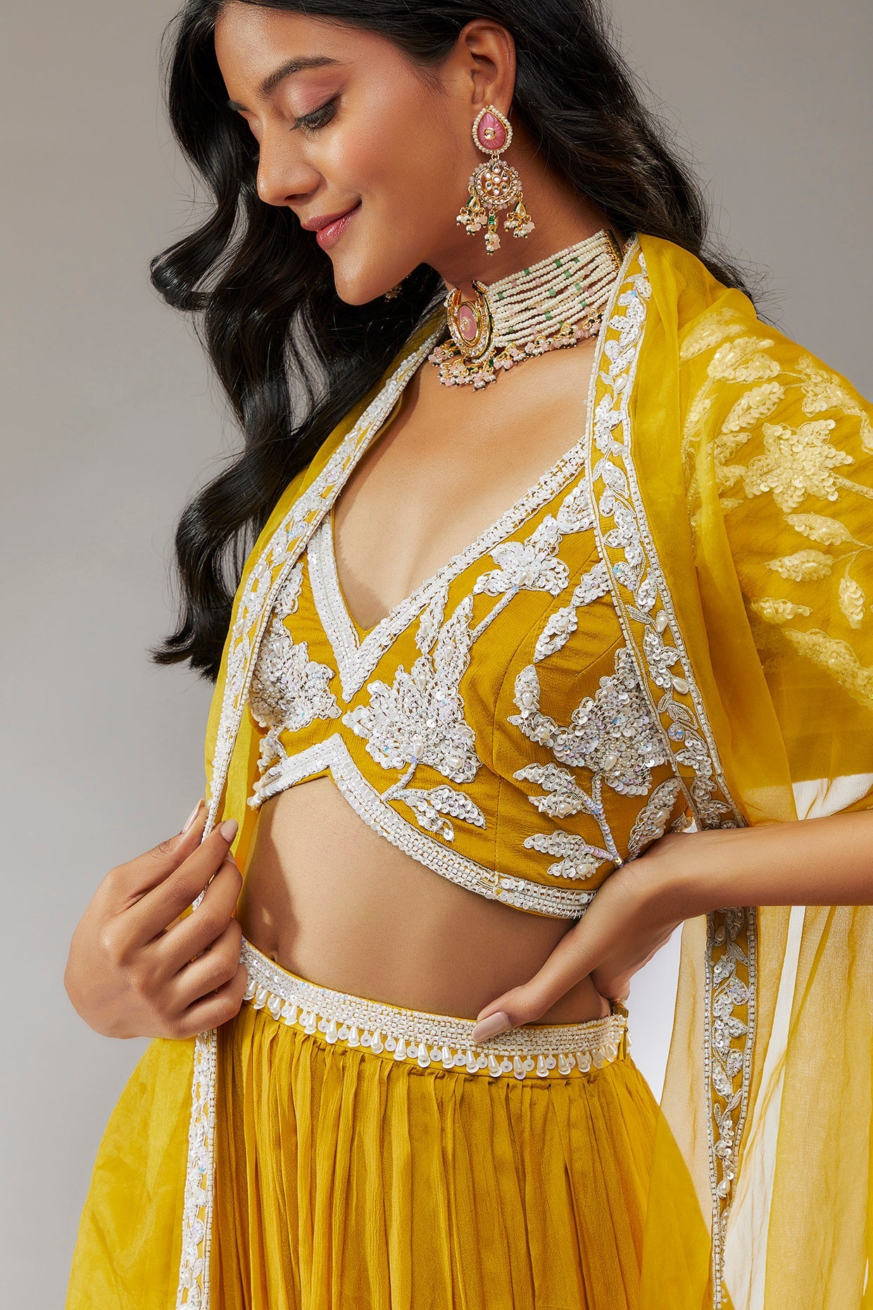 Hand embroidered chiffon lehenha set