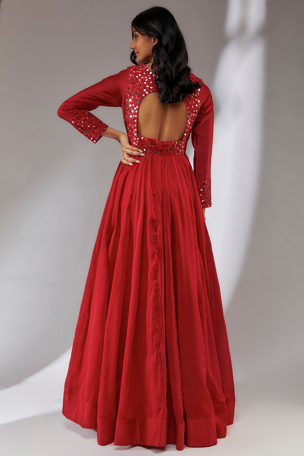 Chanderi Silk Red Anarkali - Auraya Fashion 