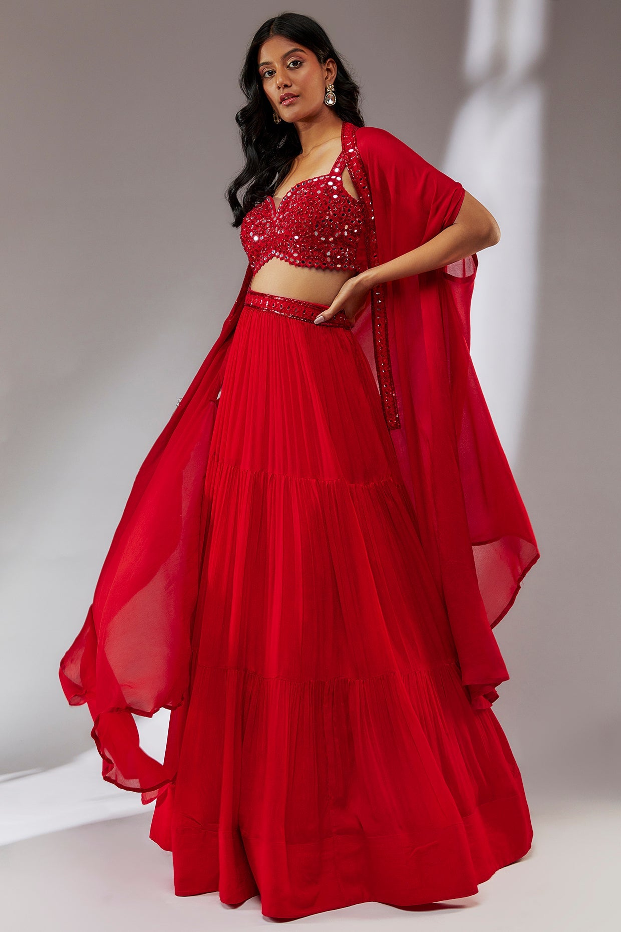 Red mirror Embroidered  cape lehenga set