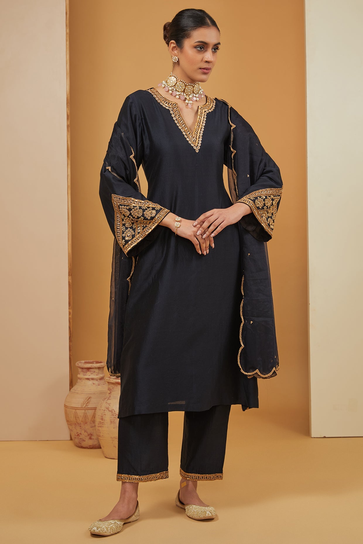 Black Chanderi Silk Placement Hand Embroidery Zari Kurta Pant Set For Women