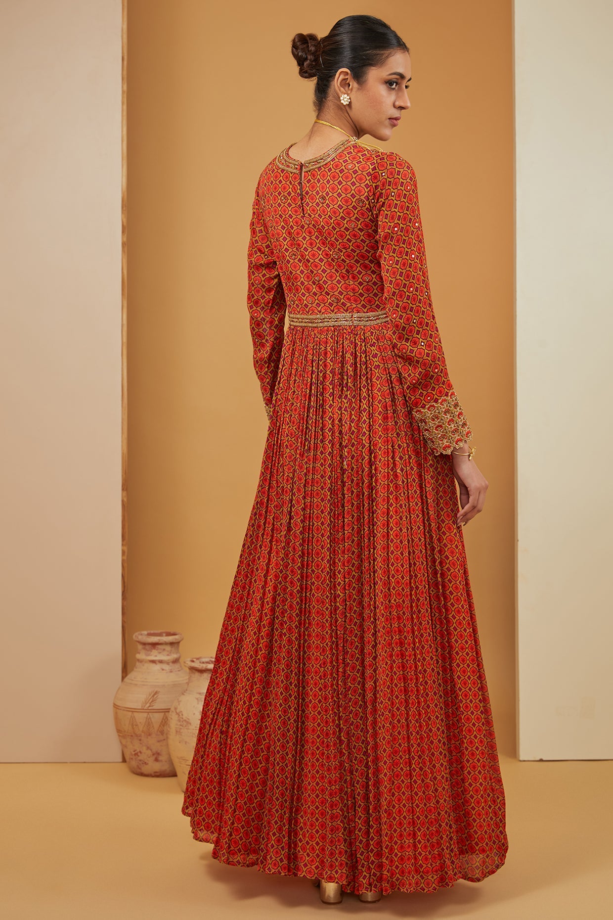 Orange Viscose Chinon Print Geometric Jaal V Anarkali With Dupatta For Women