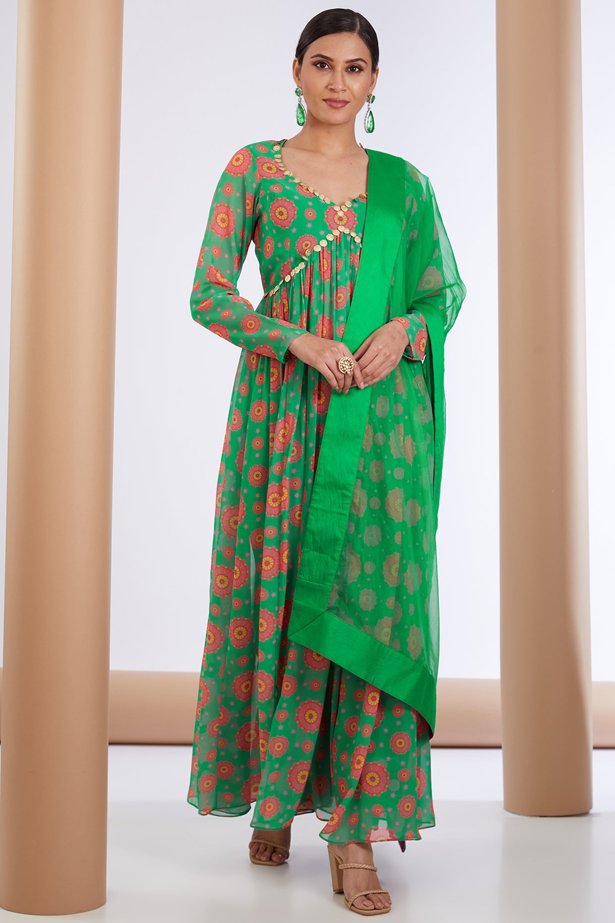 Green Georgette Floral Print Embellished Anarkali Pant Set