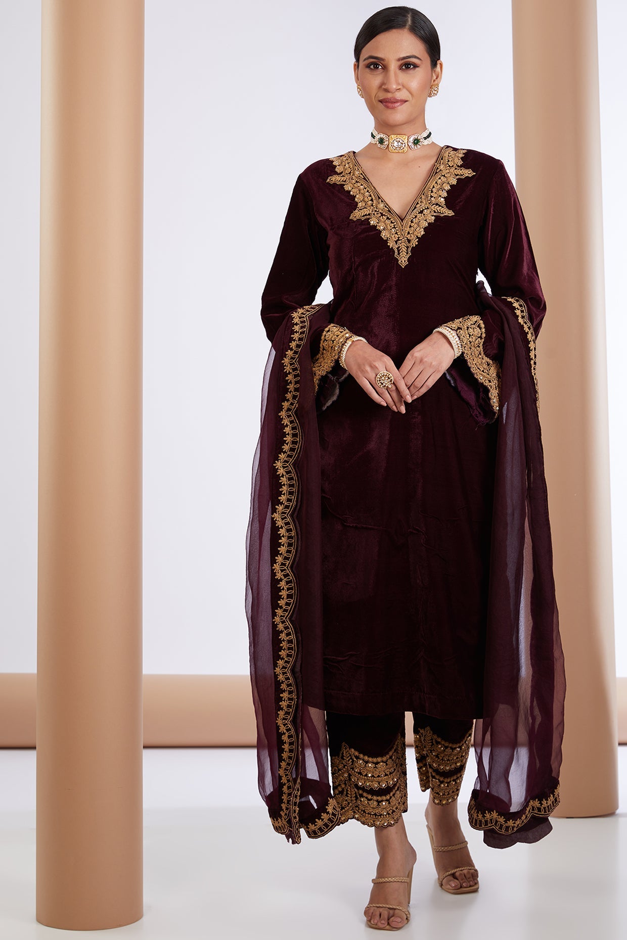 Wine Velvet Embroidered Kurta Pant Set