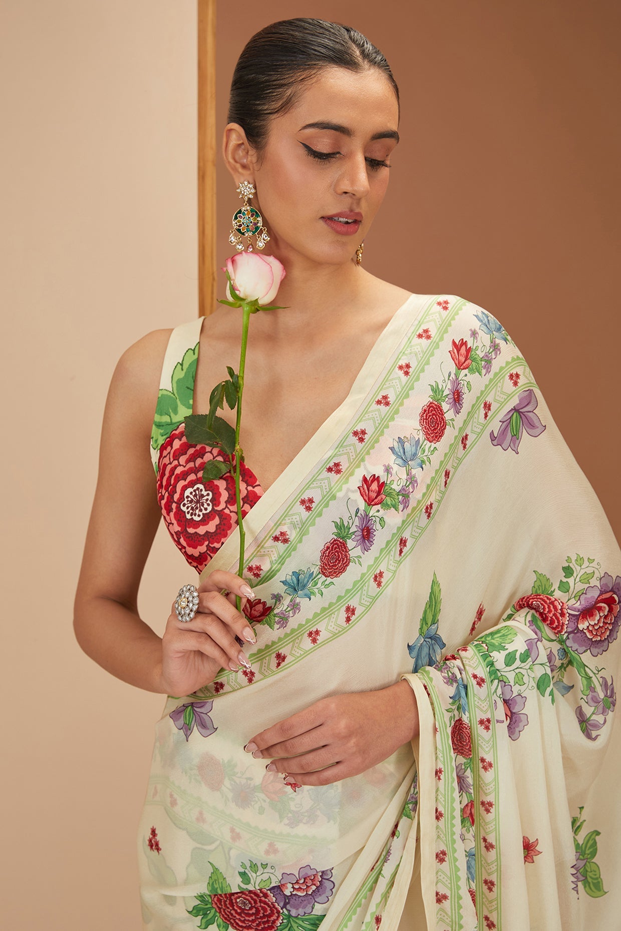 Ivory Viscose Chinon Printed Botanical And Stripe Saree & Blouse Set For Women