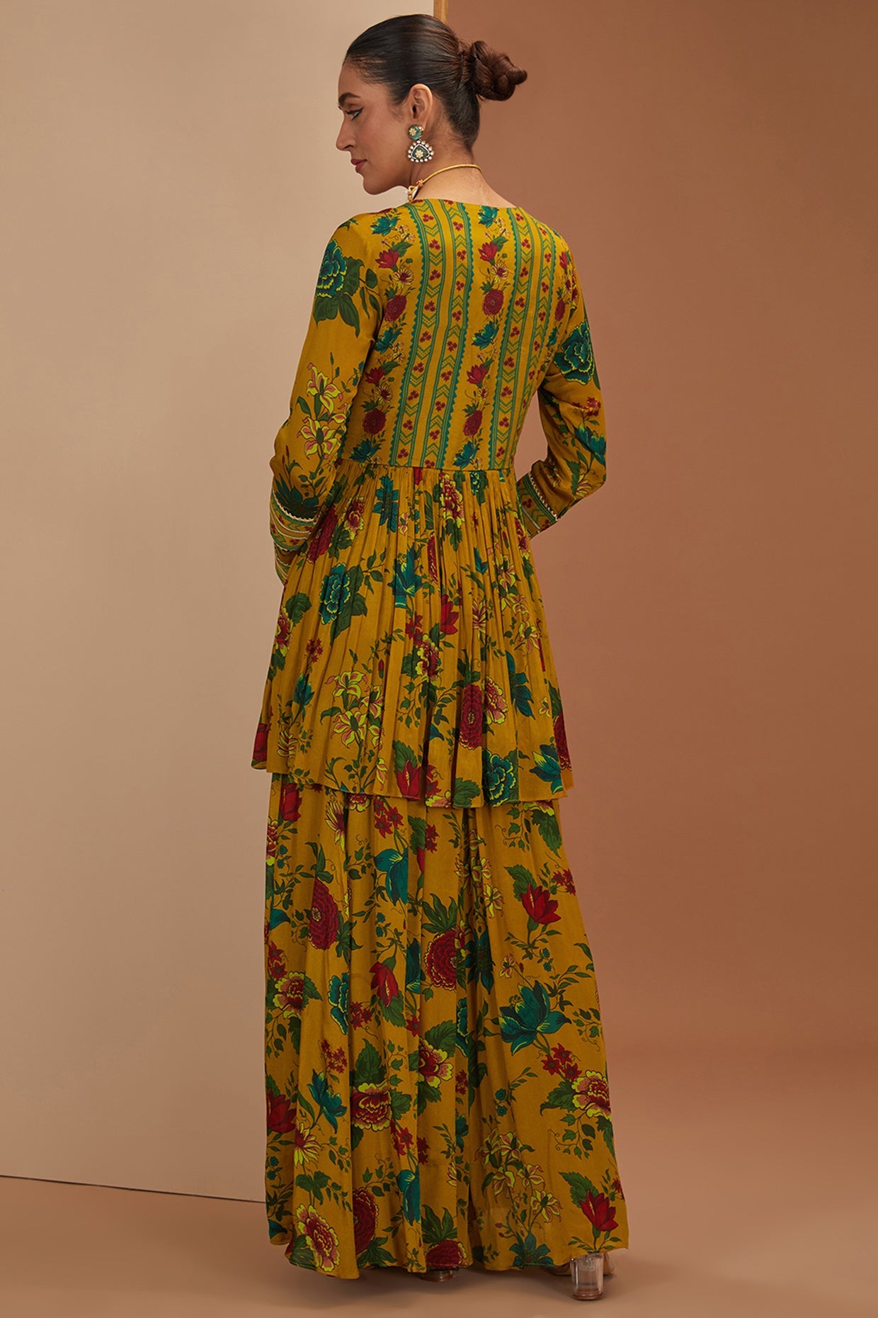 Yellow Viscose Chinon Printed And Embroidered Short Anarkali Sharara Set For Women