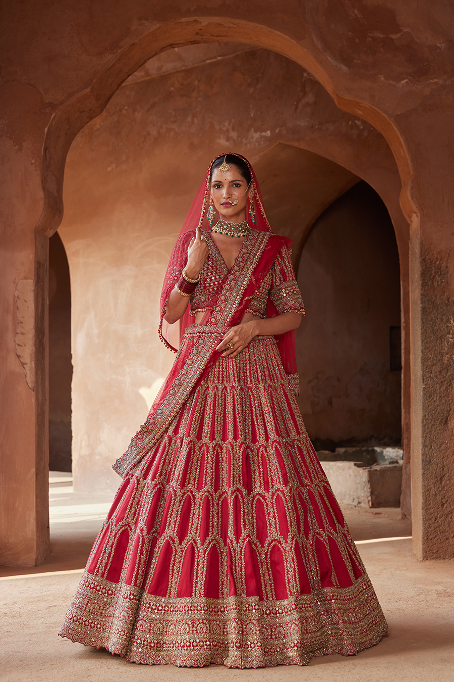 Blood Red Zardozi Work Raw Silk Lehenga Choli for Weddings