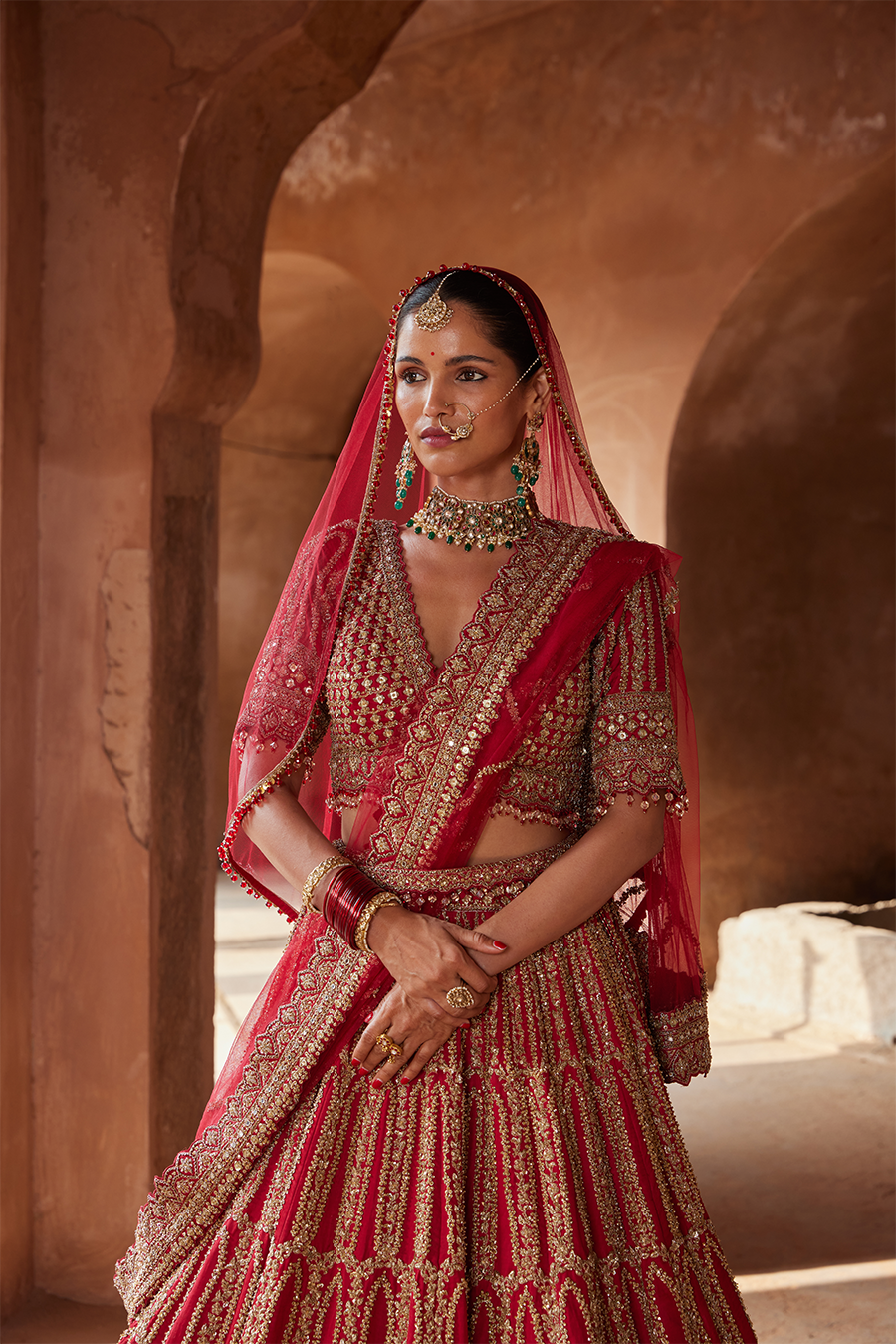 Blood Red Zardozi Work Raw Silk Lehenga Choli for Weddings