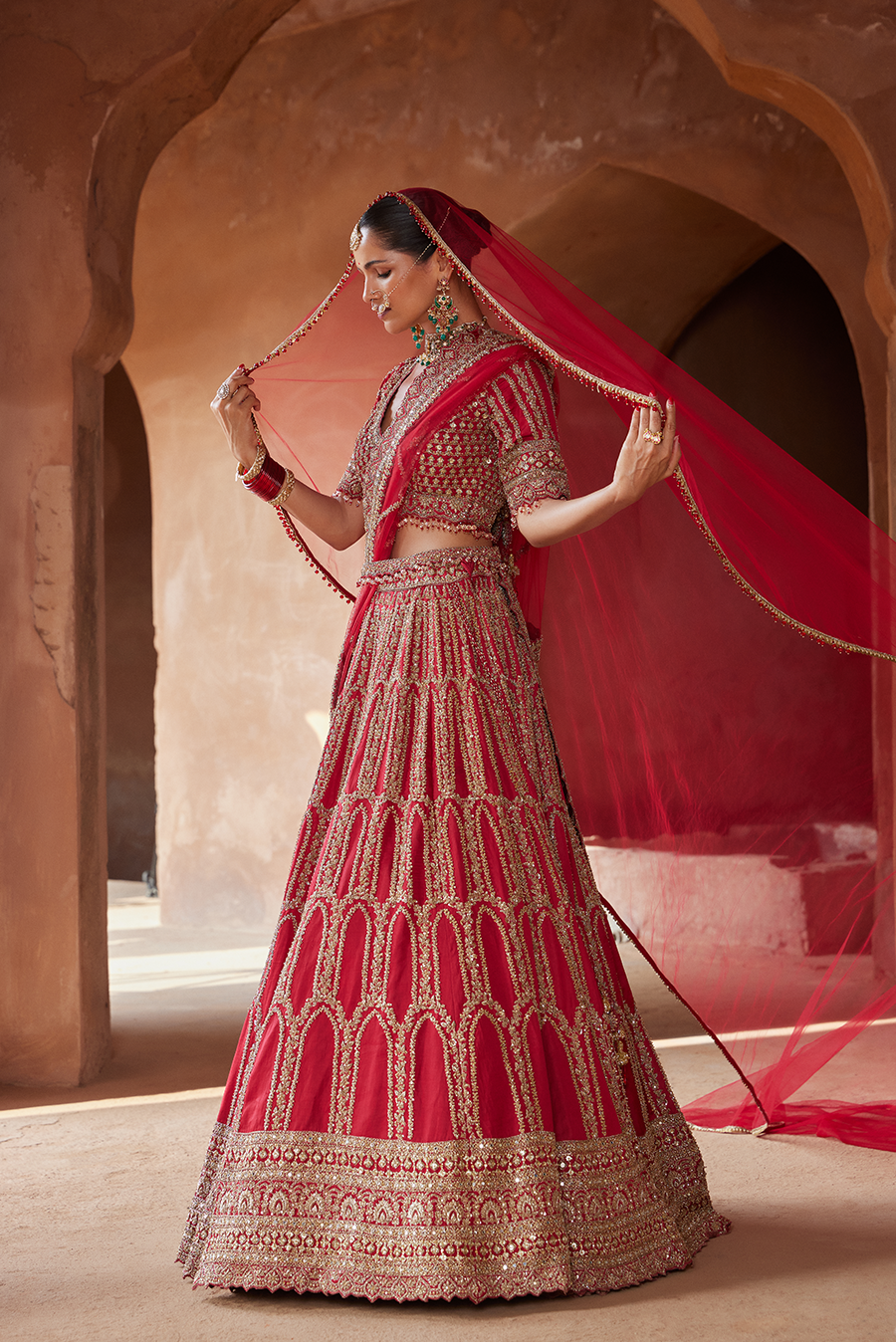 Blood Red Zardozi Work Raw Silk Lehenga Choli for Weddings